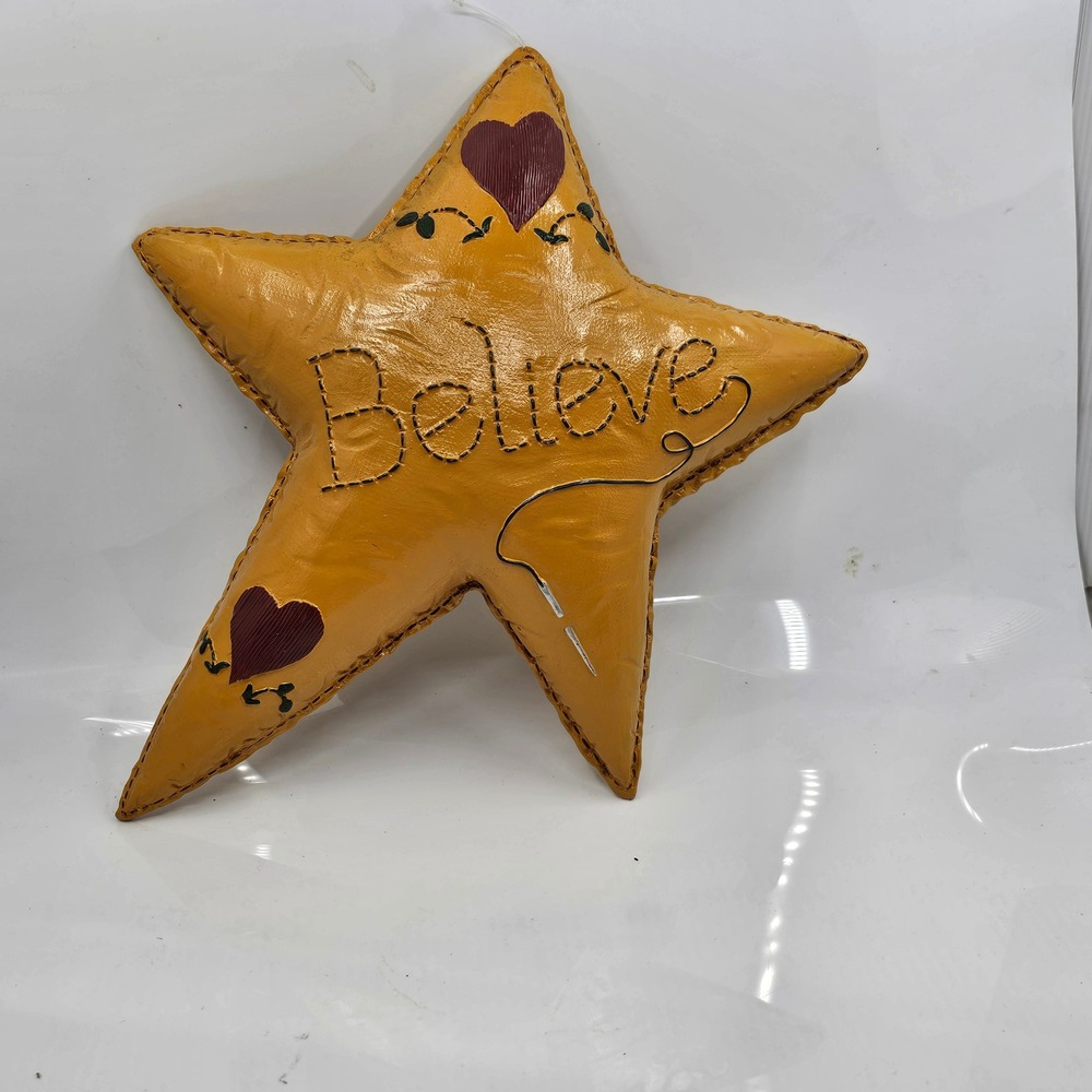 Primitive Mustard Yellow Star Believe Decorative Pillow Heart Country Folk Art